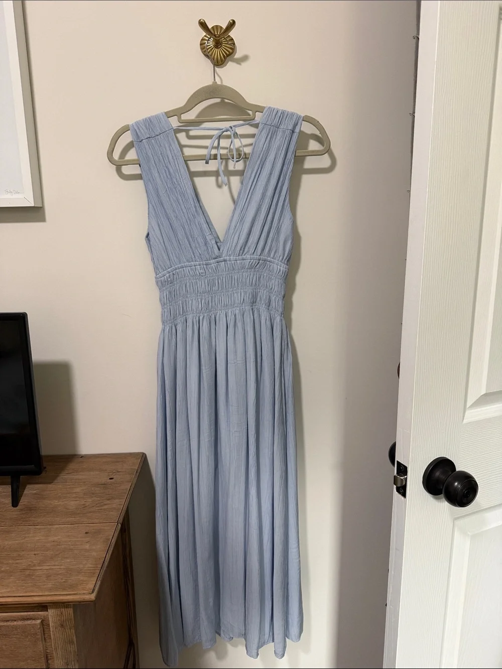 Abercrombie & Fitch Light Blue V-Neck Smocked Waist Maxi Dress